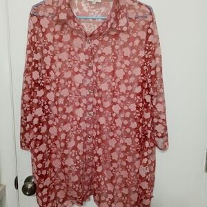 Siren Lily Sheer Floral Long Sleeve Button Down Shark bite Hem and Sides Blouse